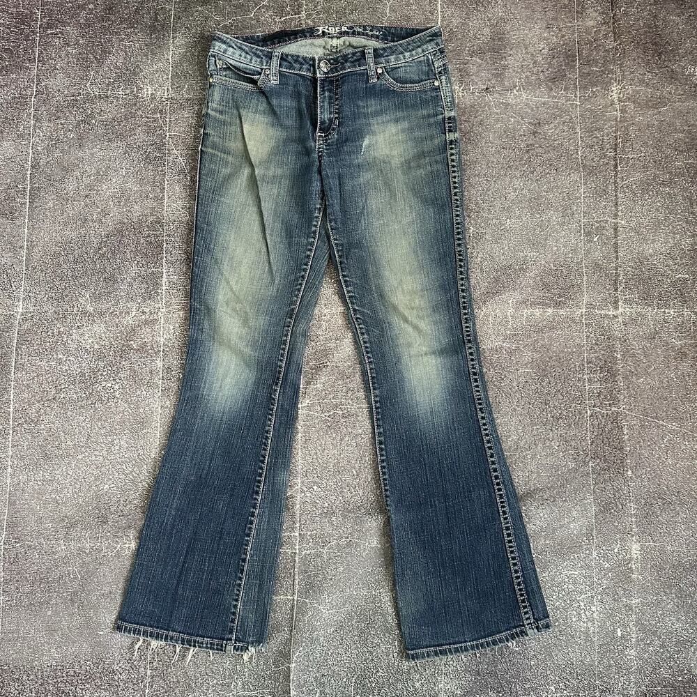 Women's Y2K Wrangler Rock 47 Low Rise Boot Cut Flare Dark Blue Jeans Sz 30 X 34